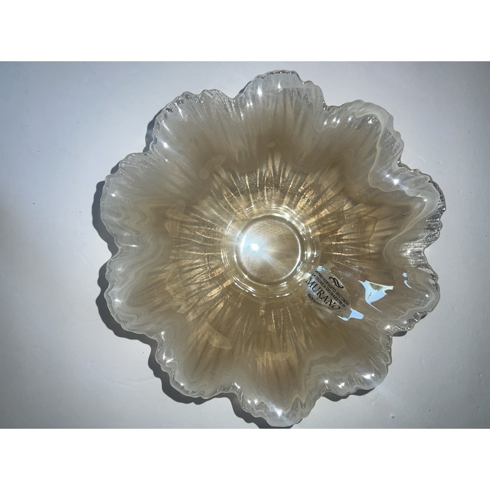 Vintage Murano Clear & Gold Aventurine Art Glass Ruffled Bowl Ashtray‎ Dish